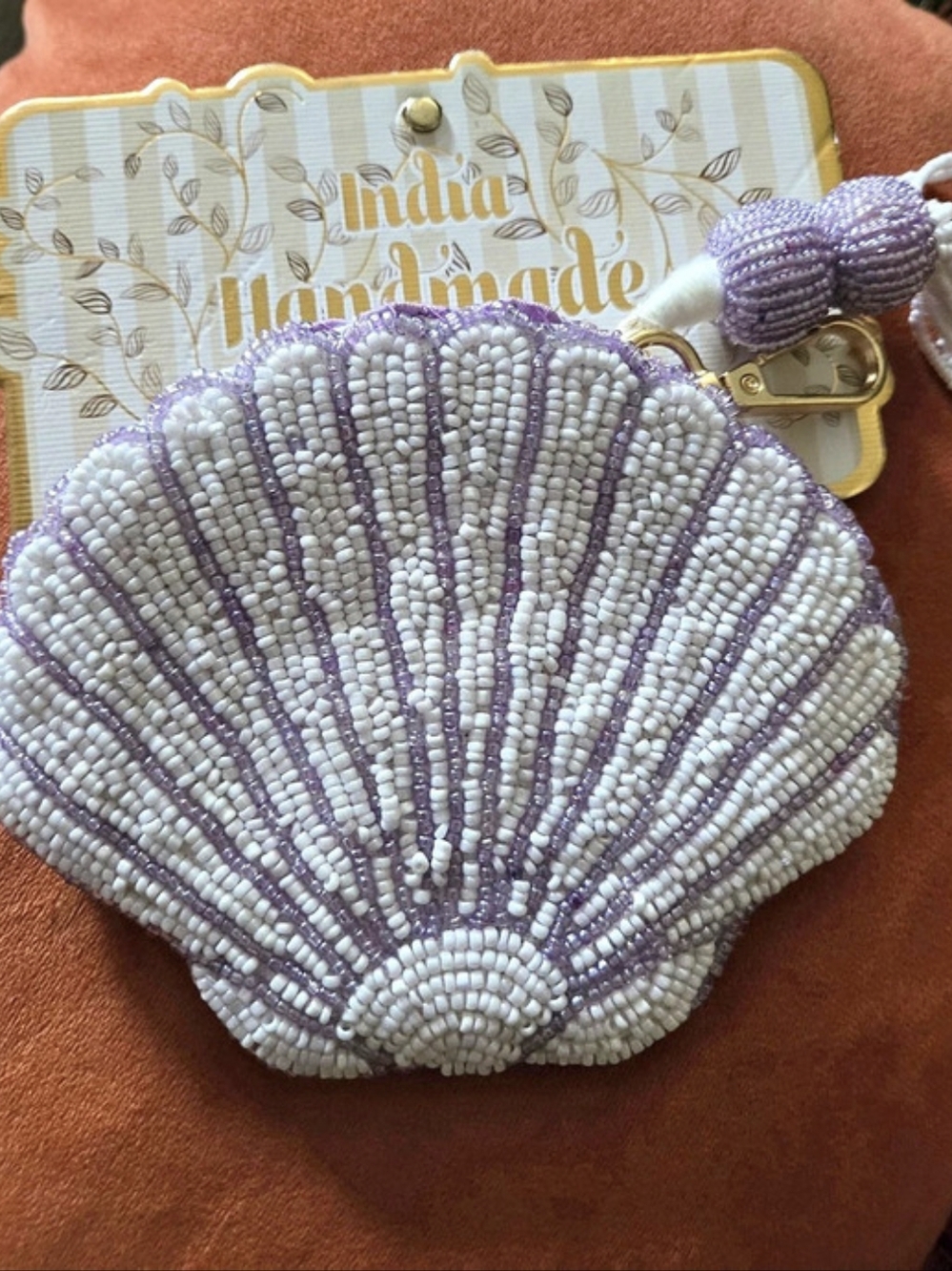 India Handmade Beaded Shell Wallet Purple & White NWT